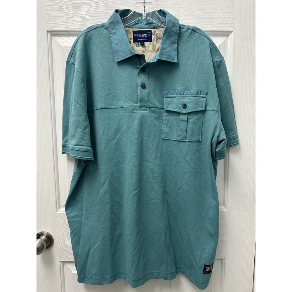 Nautica Jeans Co Mens XXL Blue Green Short Sleeve Piqué Polo Shirt Pocket